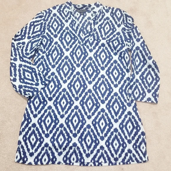 Woman's Brooks Brothers Blue Ikat Tunic Blouse 100% Cotton Size Small 3/4 Sleeve - Picture 6 of 12